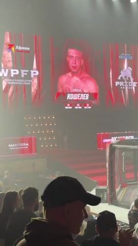 A large screen displays a portrait of a man named Koshelev, identified as part of the WPFP World Powerlifting Federation Pride. Below his image, numbers are displayed: 95, 115, and 130, indicating his strength in pounds. He appears shirtless and sweaty, suggesting he has just completed or is about to begin a competition. Below the screen, a red carpet leads to a cage-like structure, likely for a sporting event. A crowd of people is gathered, watching the presentation. One person in the foreground is wearing a black baseball cap and raising their hand, seemingly in applause or greeting. The lighting is dramatic, with red hues dominating the scene. The environment appears to be an indoor arena or event hall.
