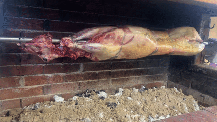 Whole lamb roasted on rotisserie in Bulgarian village oven