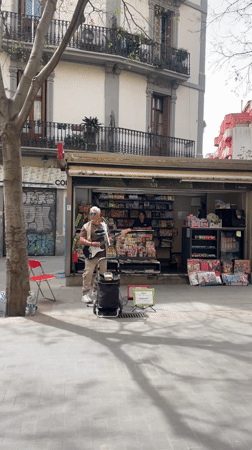 Street musician performs with electric guitar in Barcelona