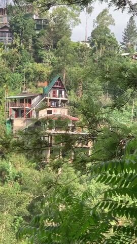 This media file captures a lush, green hillside in Ella, Sri Lanka, dominated by dense tropical vegetation and a series of buildings integrated into the steep terrain. The scene appears to be a residential or hospitality area, with multiple levels of structures built on the slope.

The most prominent building in the foreground features a modern, multi-story design with balconies and large windows, suggesting a hotel or a villa complex. It has a distinctive green-pitched roof on one section, hinting at a unique architectural style. Below this, another building with multiple levels and open-air walkways is visible, further emphasizing the tiered construction. In the background, more buildings are scattered across the hillside, some appearing more traditional with darker facades, while others are modern white structures.

The environment is characterized by abundant trees, including tall, slender trees with pale bark and numerous palm trees with characteristic fronds. The foliage is dense and verdant, indicating a tropical climate. The sunlight filtering through the trees suggests it is daytime, possibly morning or afternoon, with dappled light creating shadows on the buildings and the landscape. The weather appears clear, with a hint of clouds in the sky.

There are no people clearly visible in the media file, and no specific event or activity is taking place. The focus is on the natural beauty of the landscape and the architectural integration of human settlements within it. The overall impression is one of tranquility and immersion in nature, with the buildings nestled harmoniously within the lush, hilly surroundings of Ella, a well-known tourist destination in Sri Lanka for its scenic beauty and tea plantations. No visible text is present in the media file.