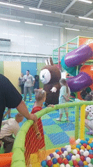 Mascot character leads kids' activities at Komsomolsk indoor playground