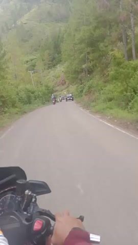 The video shows a first-person perspective from a motorcycle as it travels along a paved road through a mountainous, forested area. The road is winding and appears to be in good condition. There are several other vehicles on the road, including two motorcycles ahead of the camera, a black SUV, and a blue truck. The surrounding environment is characterized by steep, green hillsides covered in trees, primarily pine. There are also some bushes and smaller plants lining the sides of the road. A utility pole is visible on the left side of the road in the distance. The sky is overcast. The video captures the motion of riding the motorcycle, with occasional glances at the other vehicles and the scenery.