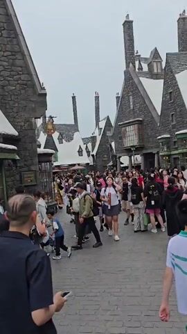 The video captures a bustling street scene, likely a themed attraction, with many people walking in the same direction. The architecture features dark stone buildings with steeply pitched, snow-capped roofs and tall chimneys, reminiscent of a European village. The sky is overcast, suggesting either early morning, late afternoon, or a generally cloudy day. The overall atmosphere appears lively and crowded, with individuals and groups of varying ages moving through the pathway.

The subjects are primarily people, dressed in casual, modern clothing. They are engaged in the activity of walking and exploring the area. Some individuals are carrying bags or backpacks. A few notable details include a man with a distinctive hairstyle in the foreground, and a woman in a green shirt walking with a child. The setting is an outdoor pedestrian street with a cobblestone-like pavement. The buildings themselves are the most prominent objects, creating a distinct visual theme.

There are no clear indications of a specific event, other than general tourism or visiting a theme park. The weather appears to be mild, given the clothing choices and the presence of snow on the roofs without any apparent melting. There is no visible text in the provided frames. The emotions conveyed are neutral to positive, with people appearing to be enjoying their outing. Given the reported location context of Tongzhou District, China, this could be a themed area within a larger entertainment complex.