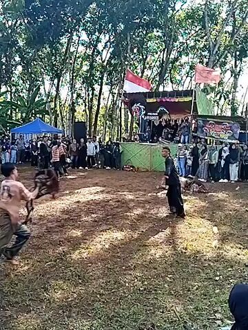 In a field with sparse green grass and brown soil, two people are engaged in a martial arts demonstration in front of a crowd. Trees surround the area, and a stage with Indonesian and green flags stands in the background. The person on the left wears black clothing, while the one on the right is in brown and tan. They are sparring, with one falling to the ground at one point. Spectators stand and watch along the perimeter of the field, with some recording the event. A blue tent is visible on the left side of the frame.