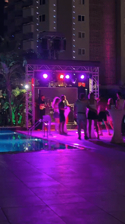 Pool party night out, then winding down in a hotel room