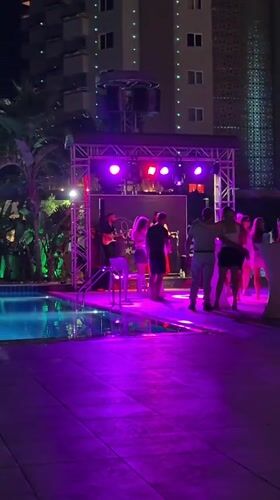 Pool party night out, then winding down in a hotel room