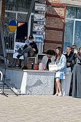 School ceremony with students and decorations in Hadiach, Ukraine