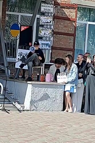 School ceremony with students and decorations in Hadiach, Ukraine