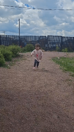 Child plays with dog in Russian village garden