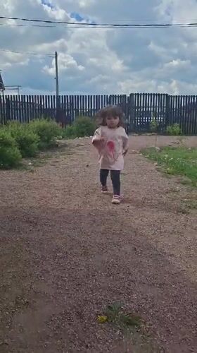 Child plays with dog in Russian village garden