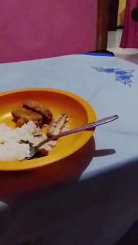 A plate of rice, fried tempeh, and fried fish is on a table covered with a tablecloth. A spoon is on the plate. A turquoise water bottle is to the left of the plate. The background is a pink wall.