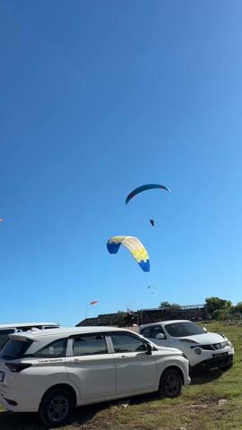 The video shows three people paragliding in a bright blue sky, with three white cars parked on a grassy area in the foreground. One paraglider has a blue, yellow, and white canopy, one has a green and blue canopy, and the third is small and far away. The cars are a minivan with the name "ALAM TRANSPORT" written on the side, a Nissan SUV, and a third vehicle mostly out of view. The sky is cloudless. The ground appears to be a small hill. The video is taken during the day.