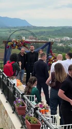 Wedding ceremony held on outdoor patio in Darmantsi, Bulgaria