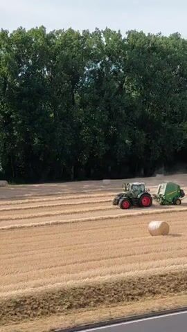 A tractor is shown harvesting hay in a field. The tractor is green and red and is pulling a baler. The baler is round and green. There are several round bales of hay in the field. The field is covered in dry grass and the trees are green. The sky is blue.