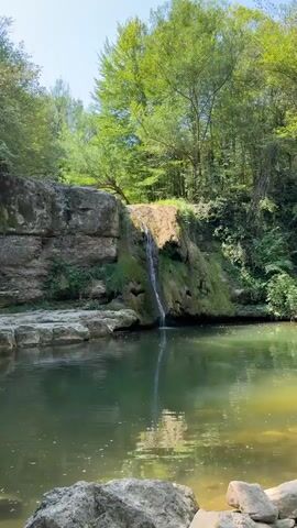 This is a vertical video of a small waterfall cascading into a clear, green pool of water. The waterfall is located in a forested area with lush green trees surrounding the pool. The rock face behind the waterfall is rough and appears to be made of layered stone. Several large rocks are visible in the foreground, at the edge of the pool. The water is calm, with gentle ripples. Sunlight filters through the trees, illuminating parts of the scene.