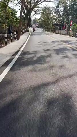 A POV shot of a motorcycle rider on a paved road lined with trees and houses. There are several flags along the side of the road, possibly indicating a holiday or celebration. The road appears to be in a rural or suburban area. There are a few other vehicles visible in the distance. The rider is moving at a moderate speed. The sun is shining, casting shadows on the road.