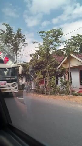The video shows a side view of a white bus with red lettering that says "alisari". The bus appears to be in motion, as indicated by the blur of the lettering and the surrounding environment. The bus is on a paved road, and there are trees and houses visible in the background. A person can be seen standing near the back of the bus, reaching towards the vehicle. The perspective suggests the video is being filmed from inside another vehicle.