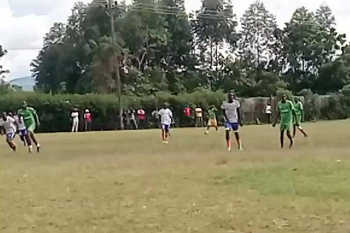 The video shows a soccer game in progress.  Multiple players wearing green and white/blue uniforms run across a green field, chasing after a soccer ball. Some spectators can be seen standing near a hedge line in the background. There are trees and overcast skies, with hints of mountains far away in the distance. The camera follows the ball and the players, showing footwork and attempts to gain possession. There is a building structure visible.