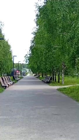 The video shows a paved pathway lined with benches and trees. The pathway is surrounded by green grass and foliage. Several people are walking in the distance. The sky is cloudy.