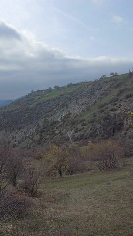 The camera pans from a hillside with sparse vegetation and some small buildings atop, to a more distant view of forested hillsides under a cloudy sky. Power lines cross the frame from the lower left to the upper right. The foreground includes brown, leafless bushes and grass.