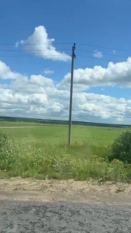 The video captures a view from a vehicle moving along a dirt road next to a vast green field. The sky is a bright blue with scattered white cumulus clouds. Power lines are visible stretching across the top of the frame. In the distance, a few trees and what appear to be utility poles or structures are scattered across the landscape. The green field seems to be a crop or grassland, with some taller grasses in the foreground. The road surface is rough and textured. A side mirror of the vehicle is visible on the right side of the frame towards the end of the clip.