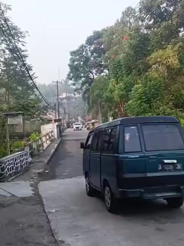 A dark green van is driving across a bridge. The bridge has white and red railings on both sides. The road is paved and appears to be wet or dirty. There are trees and vegetation on the right side of the road, and buildings and trees on the left side. The sky is overcast. There are power lines visible in the background. Another white car is visible further down the road.