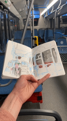 Artist sketches bus interior while riding Moscow transit