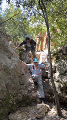 Hikers with dog traverse forest trails in Israeli countryside