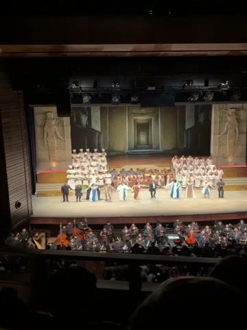 Here is a description of the video: 

The video captures the stage of a theater during what appears to be the finale or curtain call of an opera or theatrical performance. The stage is set with a backdrop depicting an Egyptian-themed setting, complete with hieroglyphic statues on either side of a large, open doorway. A full orchestra sits in the pit in front of the stage. Above them, on the stage, a large cast of performers is visible. Some are arranged on elevated platforms. Most of the performers are holding hands and facing the audience. Many are wearing elaborate costumes in various colors. The scene is well-lit, but the video is shot from the audience, resulting in a darker view of the room. The audience's heads are visible at the very bottom of the frame. The audience is applauding loudly, as indicated by the clapping sounds.