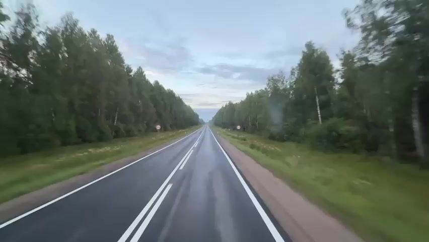 The video shows a first-person perspective of driving on a wet, empty asphalt road. The road is flanked by dense, green pine and birch forests on both sides. The sky is overcast with a gradient of light blues and grays, indicating either early morning or late evening. There are white double lines marking the lanes of the road. Two circular red and white traffic signs are visible on the right side of the road. The perspective suggests the camera is mounted on a vehicle moving forward.