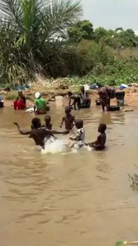 The video shows a group of children playing in a body of murky, brown water. They are splashing and interacting with each other. In the background, adults are seen washing clothes in tubs or basins along the edge of the water. There is a lush green palm tree and other vegetation visible in the background, along with what appears to be scattered laundry and other belongings. The scene appears to be in a rural or undeveloped area.