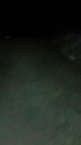 The video captures a dark outdoor scene, likely at night, with very low light conditions. The ground, which appears to be covered in grass or similar vegetation, is visible in shades of dark green and grey. The camera slowly pans across the environment. Between 0:01 and 0:03, indistinct, blurry shapes, possibly parts of a structure or large objects, are briefly visible on the right side of the frame. A thin, dark vertical line, potentially a tree trunk or post, also appears briefly on the left around 0:02. No people or specific identifiable objects are clearly discernible due to the darkness and motion blur. There is no visible text or identifiable location cues beyond a general outdoor setting.