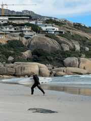 Surfers active at Hout Bay beach under cloudy skies