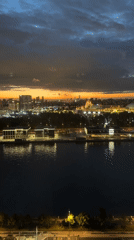 Moscow cityscape captured from elevated position showing colorful evening sky