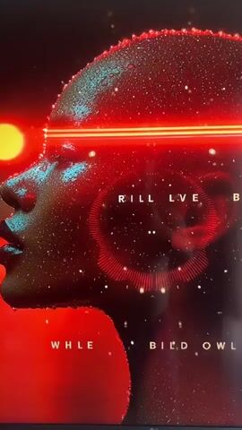 A close-up, profile view of a person's head, with water droplets on their skin. Red neon laser lines are across the forehead, and a red, circular sound wave graphic emanates from the ear. Text overlays include "RILL LVE" above the ear graphic, and "WHLE" and "BILD OWL" below the head. The background is dark with red and yellow light effects.