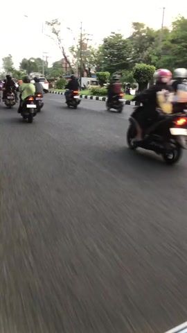 This video shows several people riding motorcycles on a paved road. The scene is set in Klurak, Indonesia, with lush trees lining the road and buildings in the background. A few vehicles, including cars and a yellow truck, are also visible, indicating moderate traffic. The time of day appears to be late afternoon or early evening, with soft, diffused sunlight. The weather seems pleasant.

The people on the motorcycles are wearing helmets and casual clothing. Some are riding alone, while others are carrying passengers. The overall atmosphere is one of everyday movement and commuting. There is no visible text in the video. The motion of the camera, likely handheld or attached to a moving vehicle, creates a sense of dynamism and immersion in the experience of being on the road.