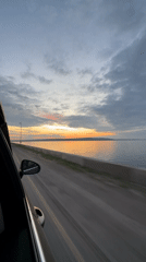 Sunset drive documented along Kama River in Chaikovsky, Russia