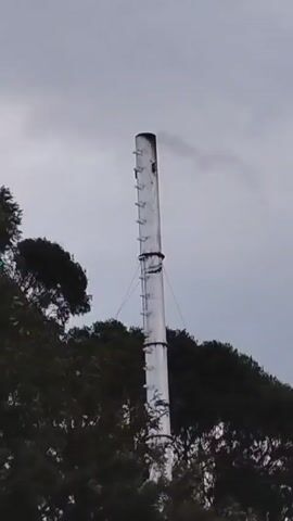 The video shows a tall, silver chimney emitting smoke against a cloudy sky. The chimney is surrounded by trees. The chimney has a ladder attached to it, and is stabilized by cables.