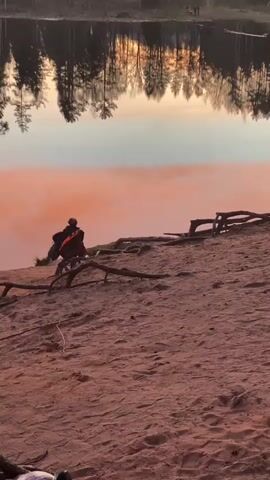 The video captures a serene waterside scene at Vyritsa, Russia, likely during sunrise or sunset, indicated by the warm, soft light. A person, seen from behind, sits on a sandy bank beside a body of water, with a red and orange kayak or small boat next to them. Exposed tree roots are visible along the sandy bank.

The water beautifully reflects the sky and the dense forest on the opposite shore. The reflections of the trees are clear and strong, suggesting calm water. The water itself takes on a striking orange and pink hue, especially closer to the bank, mirroring the colors of the sky. In the distance, on the far side of the water, a few small figures of people are faintly visible, along with glimpses of structures among the trees. The overall atmosphere is peaceful and tranquil. There is no visible text in the video.