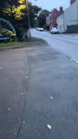 The video shows a street scene in what appears to be a residential area. The sky is overcast and the lighting suggests it is either dusk or dawn, or a generally gloomy day. There is a streetlamp on the left side of the frame, illuminating some trees and a wall. The road is wet, indicating recent rain. Several cars are visible on the road. On the right side of the road, there are houses with red-tiled roofs. Two yellow bins are also visible on the right. The camera appears to be moving, possibly while someone is walking or driving. The overall impression is a quiet, ordinary street under subdued lighting conditions.