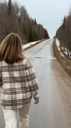 Woman dances, lies on empty road in Zasechnyi, Russia