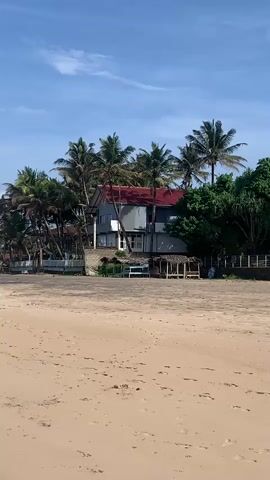 The video pans from right to left, showing a tropical beach with a sandy shore in the foreground. A two-story building with a red roof is visible behind a line of palm trees. There are also several small shelters with thatched roofs along the beach. The water is calm with gentle waves, and the sky is partly cloudy. The camera continues to pan left, revealing more palm trees and vegetation, with a rocky outcrop topped with trees in the distance. The overall impression is a serene and idyllic beach setting.