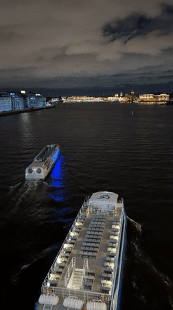 Nighttime on the Neva: boats, skyline, and a lit tree