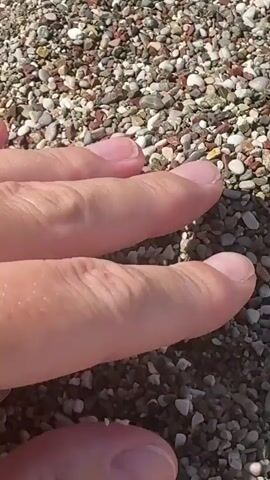 The video begins with a close-up of a hand sifting through a pile of small, multi-colored pebbles. The fingers move through the pebbles, separating and collecting them in the palm. The background is a blur of more pebbles, indicating the setting is likely a beach or a similar area with a large quantity of stones. The lighting suggests it is daytime, possibly outdoors with sunlight. There are no other people visible in the frame. The action is focused on the tactile interaction between the hand and the pebbles.
