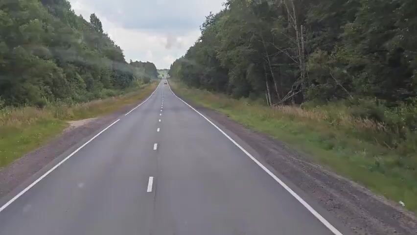 The video shows a view from the perspective of a vehicle driving down a paved, two-lane road. The road is bordered by dense green forests on both sides. The sky is overcast with some clouds. There are white dashed lines marking the lanes of the road. In the distance, a few other vehicles can be seen on the road. The overall scene suggests a drive through a rural or wooded area.