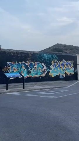 A video shows a series of graffiti art murals painted on a dark-colored concrete wall. The camera pans across the wall, revealing different artistic styles and subjects. In the foreground, a paved road with white lines and a circular blue-painted area are visible, suggesting a street or roundabout. The sky is overcast, with a hazy, muted light. In the background, a barren, hilly landscape is faintly visible. The graffiti includes bold, colorful lettering, abstract designs, and figurative imagery, such as a portrait of a man with a beard and a small chameleon. Some murals appear to be weathered or partially obscured, indicating the art has been exposed to the elements. The overall impression is an outdoor urban art installation against a stark natural backdrop.