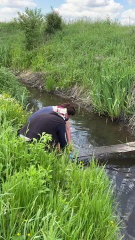 Two people are at a narrow stream with tall grass on the banks. One person, wearing a floral headscarf, a black vest, a blue shirt, and blue gloves, kneels at the stream's edge, reaching into the water. The other person stands and reaches towards the water. A wooden plank spans part of the stream. The scene appears to be in a rural area on a sunny day. The person in the headscarf appears to push the second person into the water. The second person is laughing.