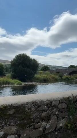 A low-angle, static shot shows a river with a stone wall in the foreground. On the opposite bank, there is a large, dark green tree, followed by a dense thicket of green bushes and grass. A stone bridge arches over the river in the distance. Behind the bridge, rolling hills covered in greenery rise up to meet a sky filled with white, puffy clouds and patches of blue. A bird, likely a heron, stands on the rocky bank of the river. The overall impression is of a peaceful, natural landscape.