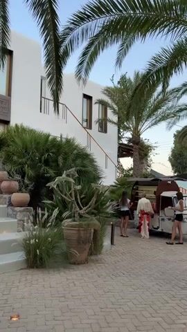 A modern white building with large windows and a rounded entryway is framed by palm trees. A set of white stairs with wooden treads leads up to the entrance. Lush green plants and potted terracotta planters are arranged around the base of the stairs and the building. Two people, a woman and a man, are standing near a small vehicle, possibly a golf cart, on a brick pathway to the right of the stairs. The woman is wearing a dark top and shorts, while the man is wearing a red and white outfit and a hat. The lighting suggests it is either early morning or late afternoon. The building has signage that includes "BOTTEGA VENETA" and "BOTTEGA."