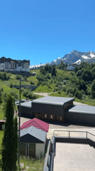 Sunny morning around Estosadok's mountain resort streets and buildings